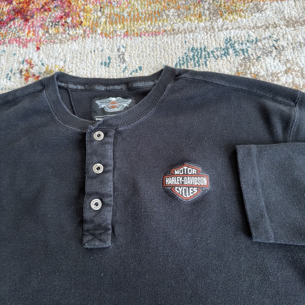 Harley Davidson Y2K 2000s Thermal Henley Shirt Mens XL Black Embroidered